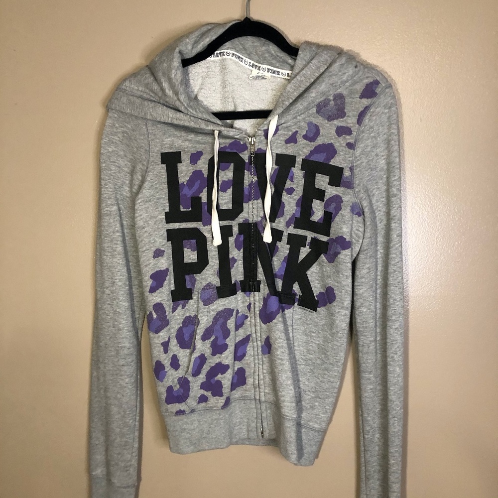 Love Pink Hoodie, grey with purple cheetah print